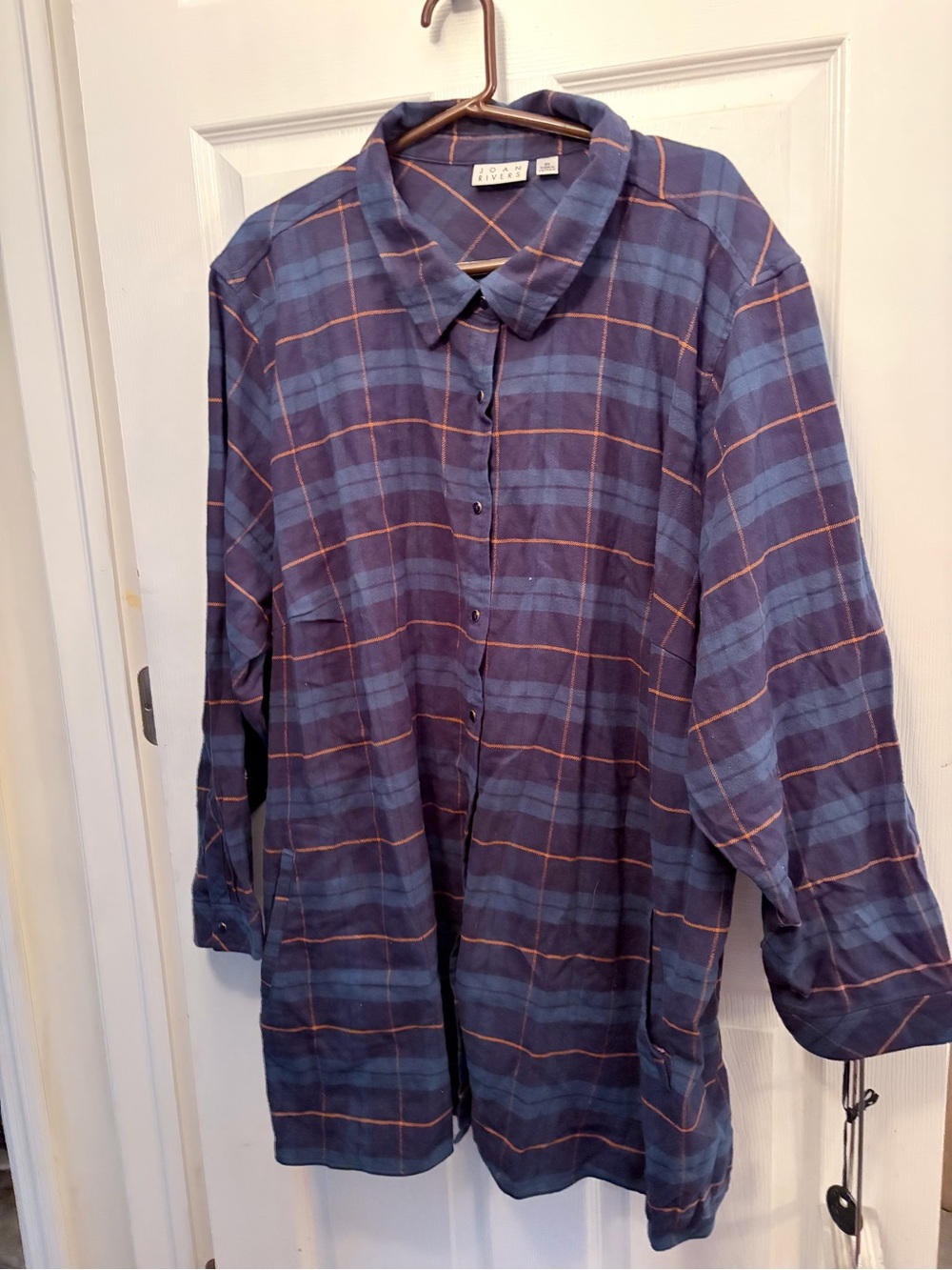 Joan Rivers Navy Plaid Shirt Jacket with Orange Windowpane